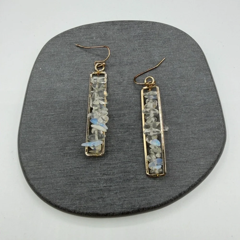 Gold Tone Clear Crystal Iridescent Chip Bar Drop Earrings Boho Statement Gift
